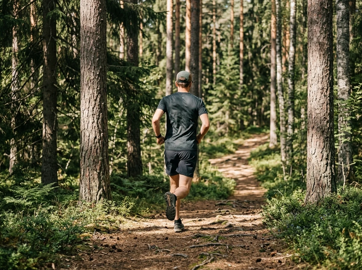 Man joggar i svensk skog - daglig rutin för mäns hälsa och uthållighet